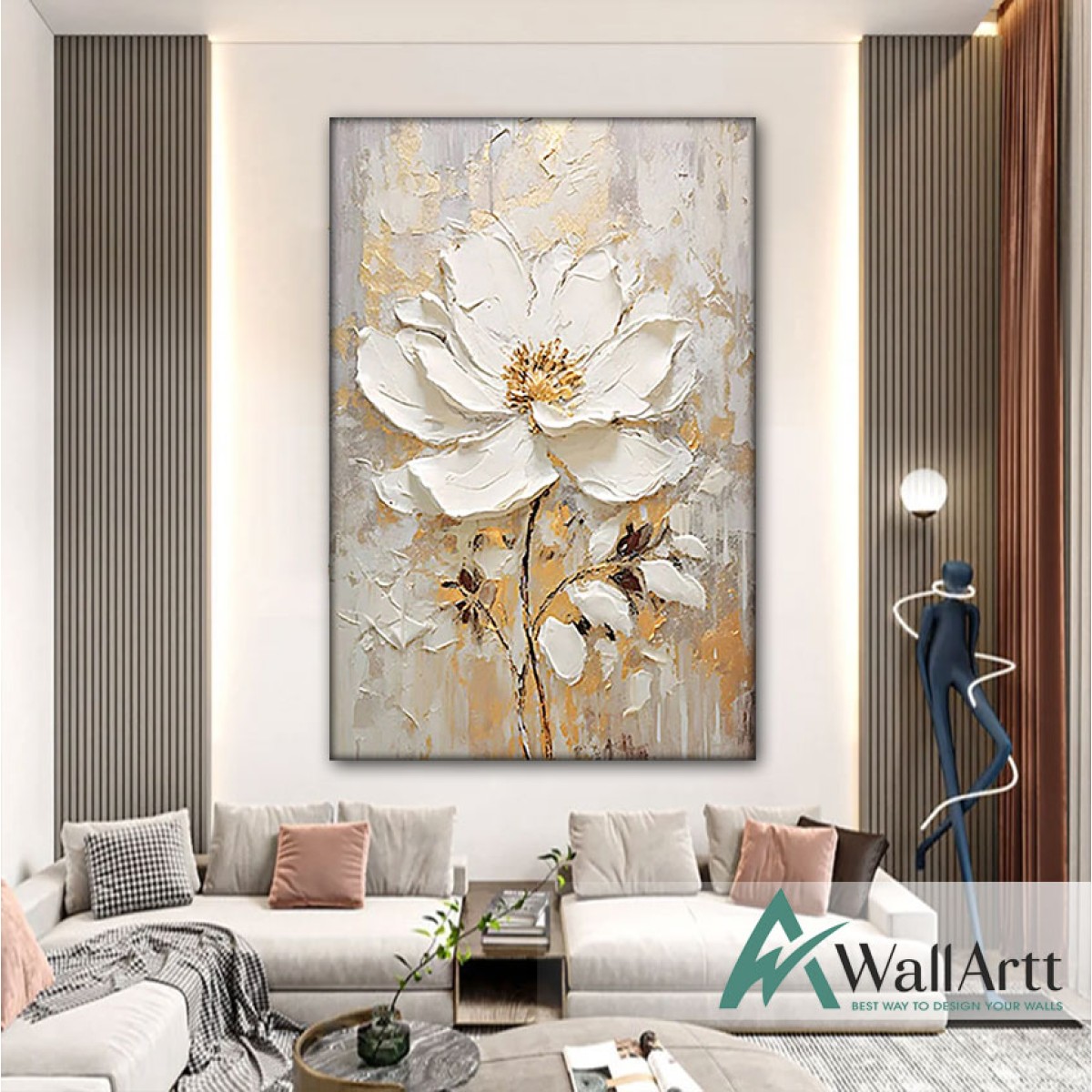 Cream White Flower with Gold 3d Heavy Textured Partial Oil Painting